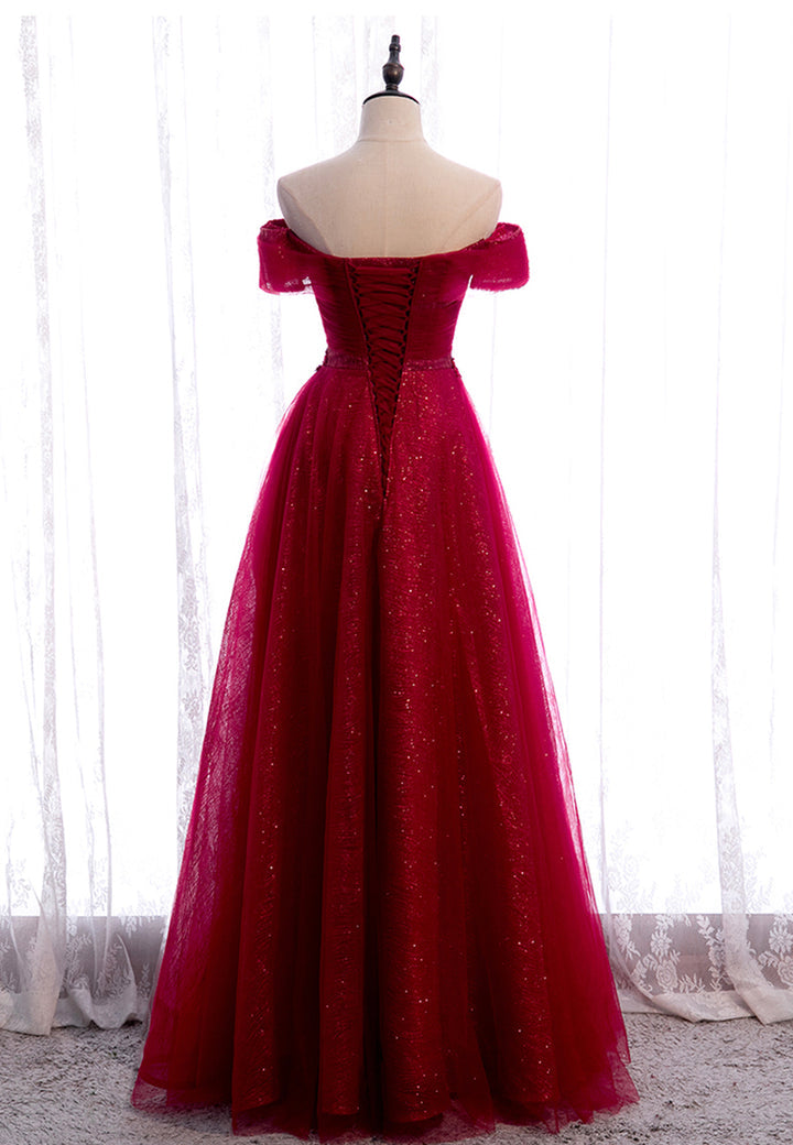 Luolandi Burgundy Lace Long Prom Dresses A-Line Off the Shoulder Evening Dresses Floor Length