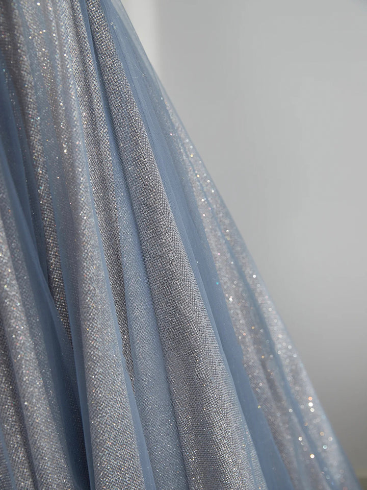 Luolandi Tulle Long Prom Dress A-Line Off the Shoulder Blue Evening Party Dress Sparkly
