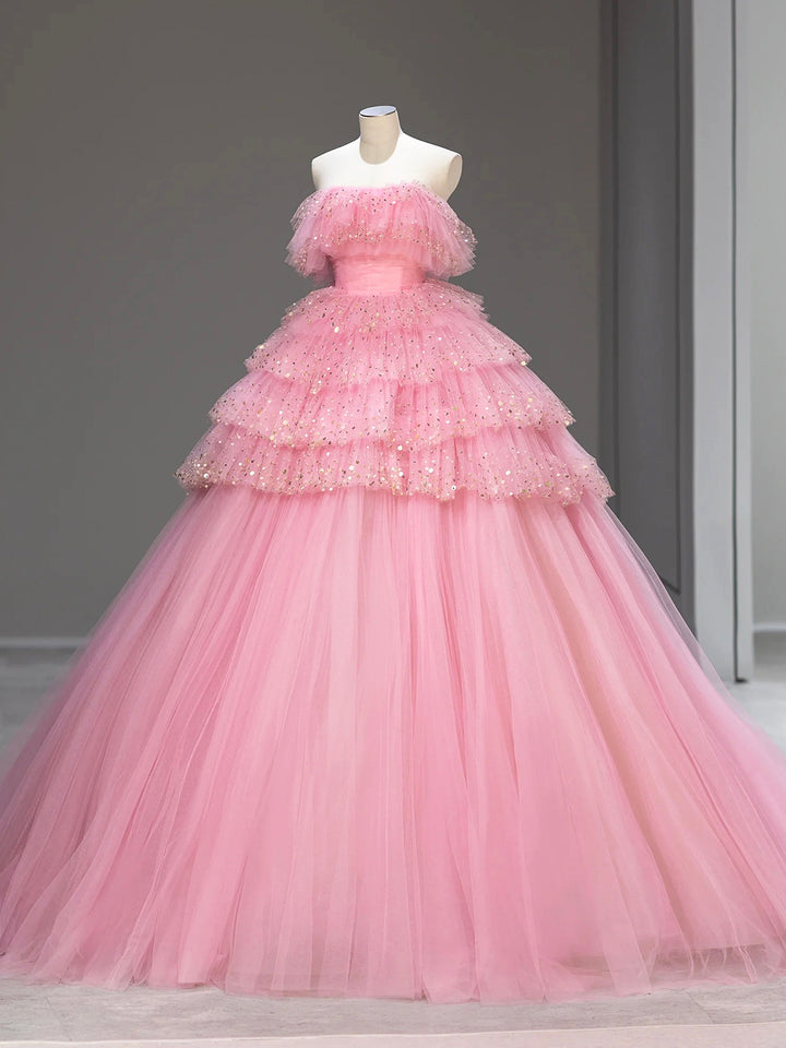 Luolandi Pink Strapless Tulle Sequins Long Formal Dress A-Line Princess Dress Sweet 16 Dress Off Shoulder