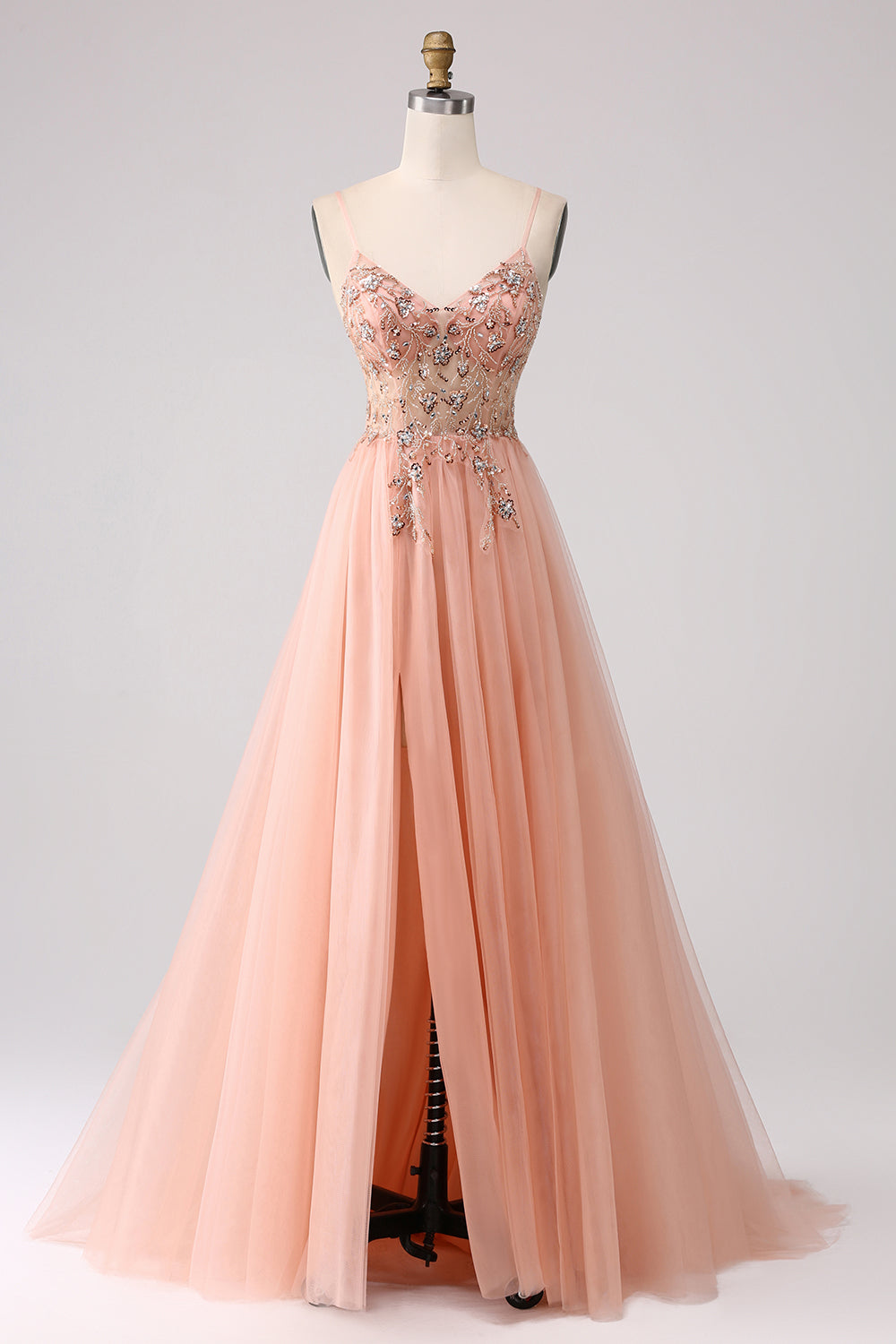 Luolandi Sparkly Blush A-Line Spaghetti Straps Beaded Long Prom Dress With Slit V-neck Sexy