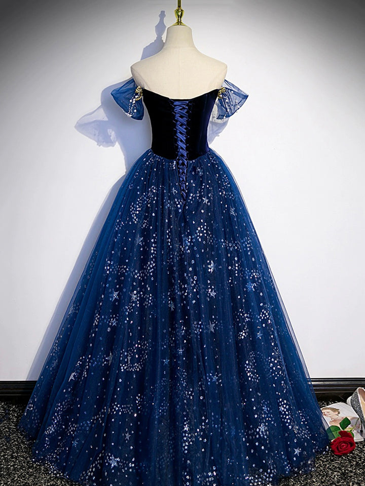 Luolandi Blue Tulle Floor Length Prom Dress with Beaded Off the Shoulder Evening Party Dress Sparkly