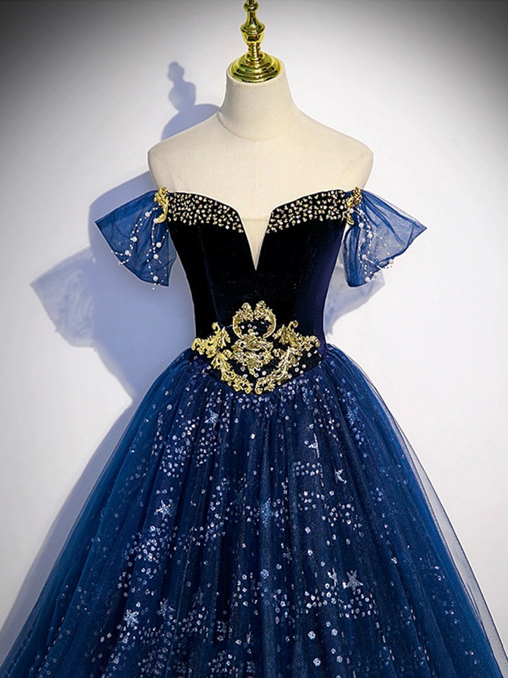 Luolandi Blue Tulle Floor Length Prom Dress with Beaded Off the Shoulder Evening Party Dress Sparkly