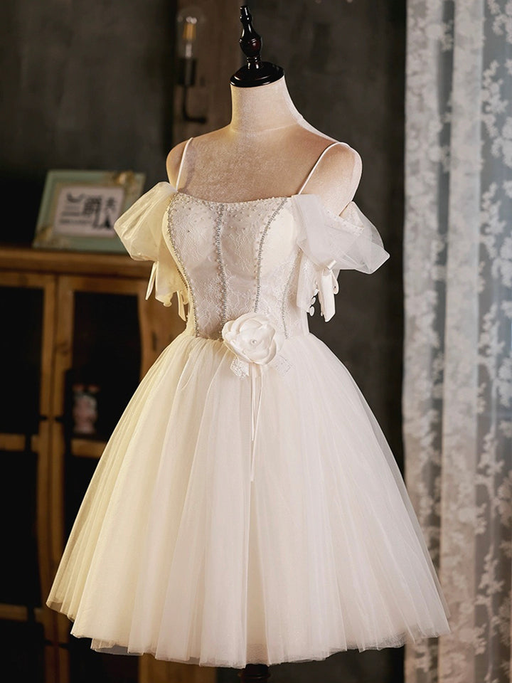 Luolandi Light Champagne Spaghetti Strap Tulle Party Dress Beautiful A-Line Evening Prom Dress Short