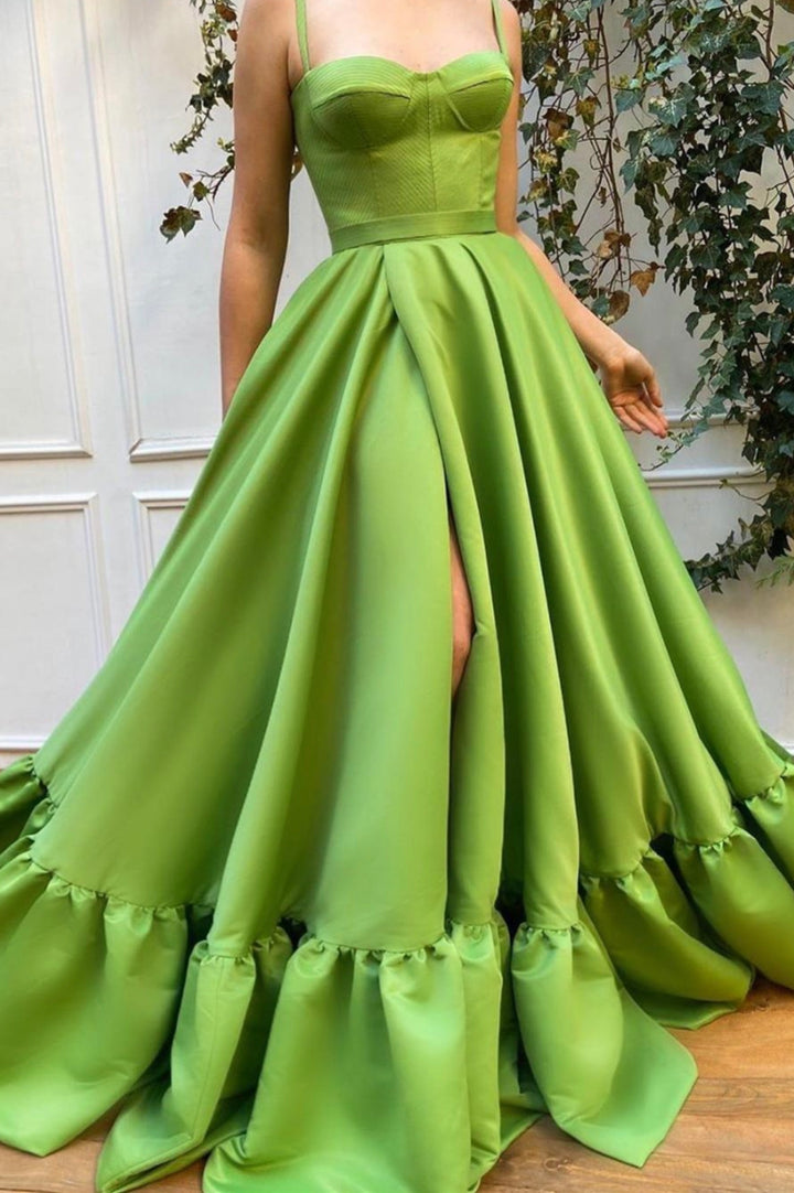 Luolandi Green Satin Long Prom Dresses A-Line Slit Evening Dresses Sexy