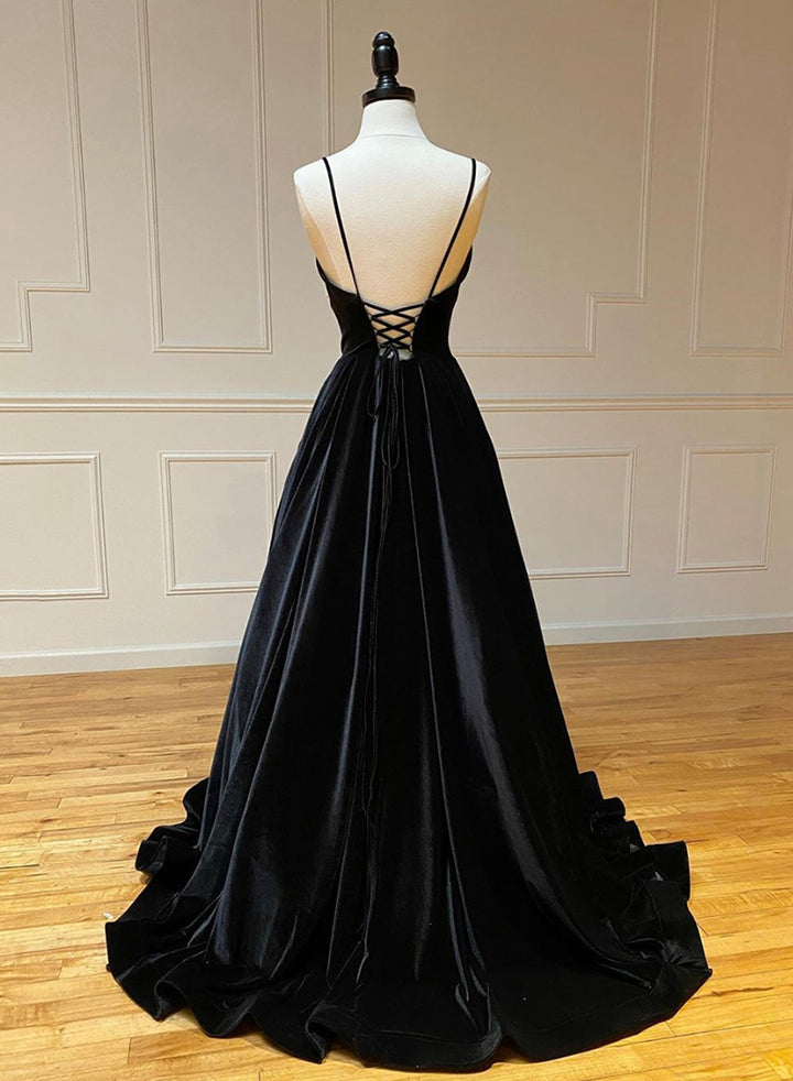 Luolandi Black A-Line Velvet Long Prom Dresses Evening Dresses V-neck Sexy