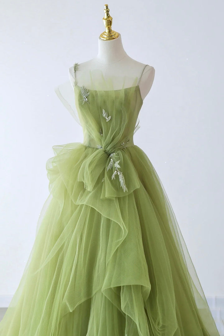 Luolandi Green Spaghetti Strap Tulle Long Formal Evening Dress A-Line Prom Dress
