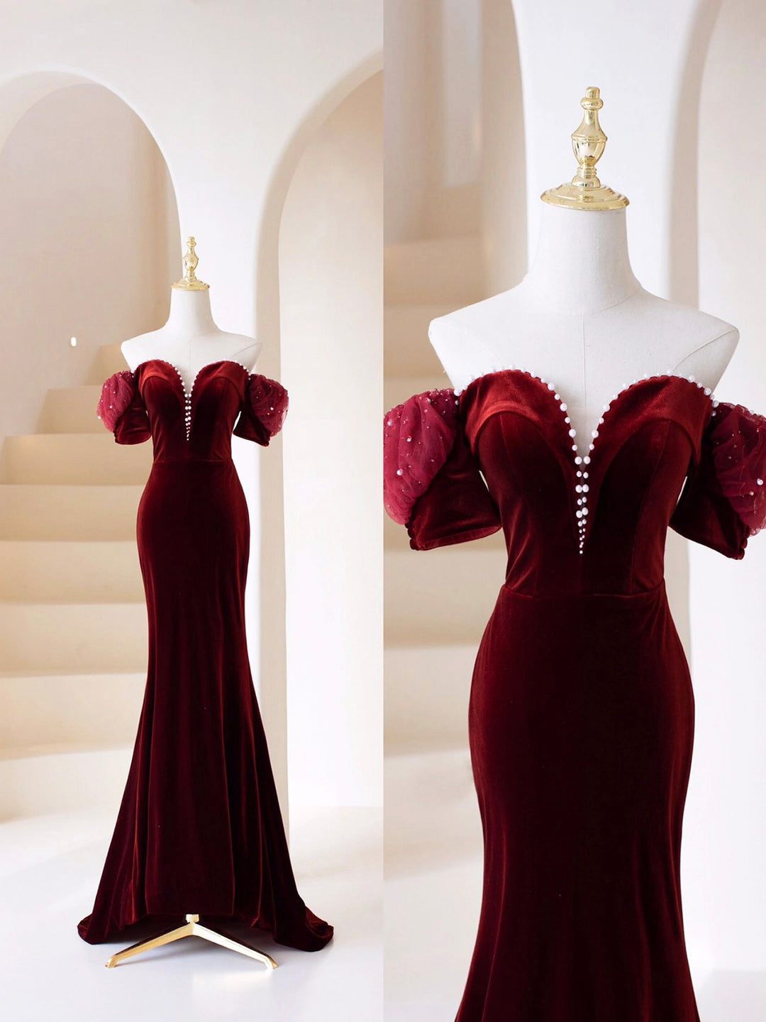 Luolandi Burgundy Velvet Long Prom Dress Mermaid Off Shoulder Evening Party Dress Sexy