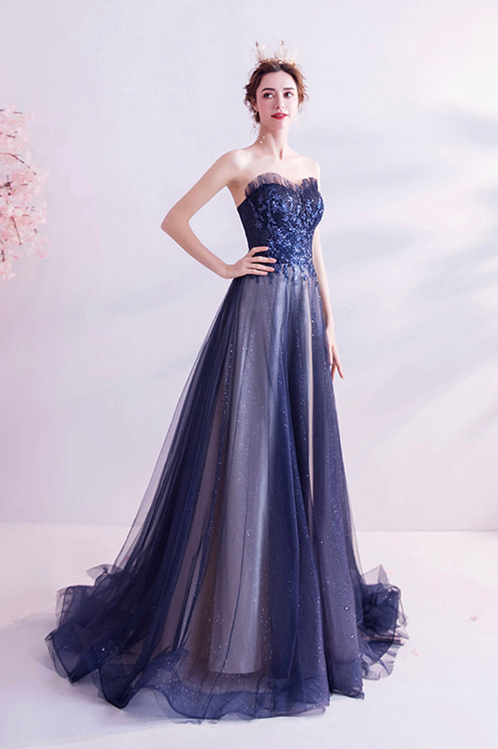 Luolandi Blue Strapless Tulle Long Prom Dresses A-Line Evening Dresses Off Shoulder