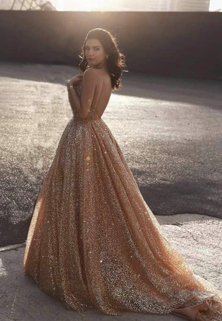 Luolandi Gold Sequins Long Prom Dresses Sparkly A-Line Evening Dresses Sparkly