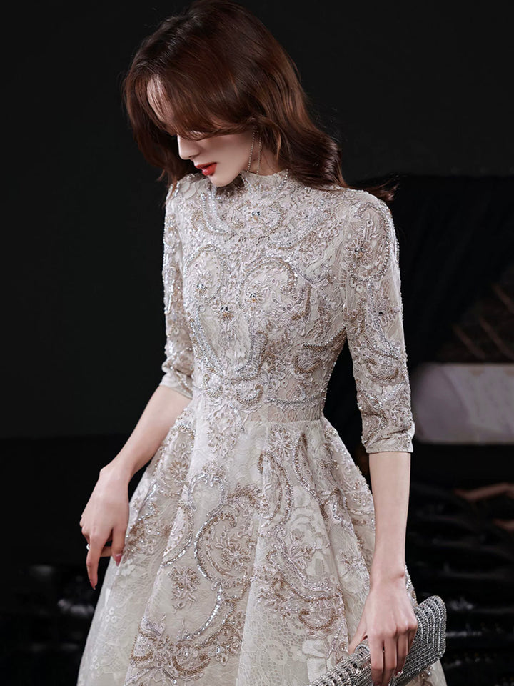 Luolandi Elegant Lace Mid-sleeve Long Formal Dress Champagne High Neck Evening Party Dress Beautiful