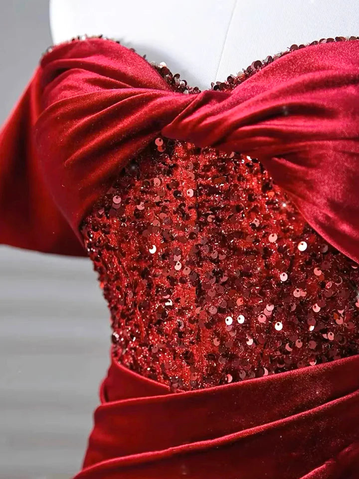 Luolandi Burgundy Velvet Sequins Long Prom Dress Mermaid Off the Shoulder Party Dress with Slit Sexy