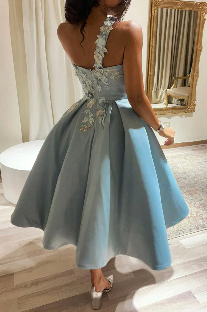 Luolandi Cute One Shoulder Satin Lace Short Prom Dress A-Line Party Dress Homecoming Dresses