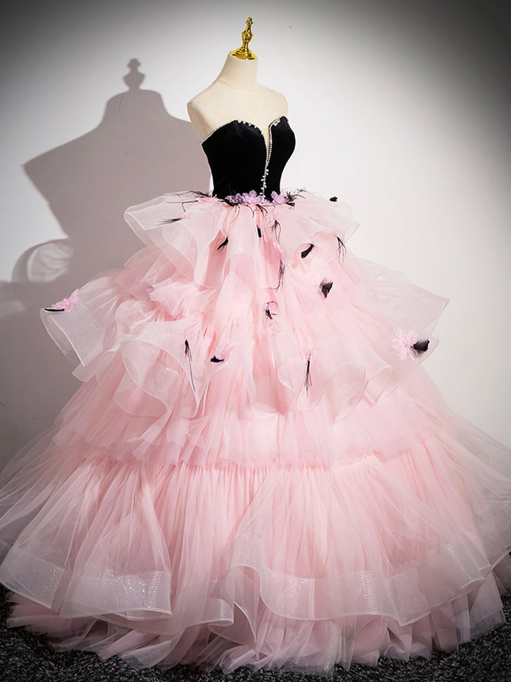 Luolandi Tulle and Black Velvet Strapless Party Gown Pink Backless Ruffles Formal Evening Dress