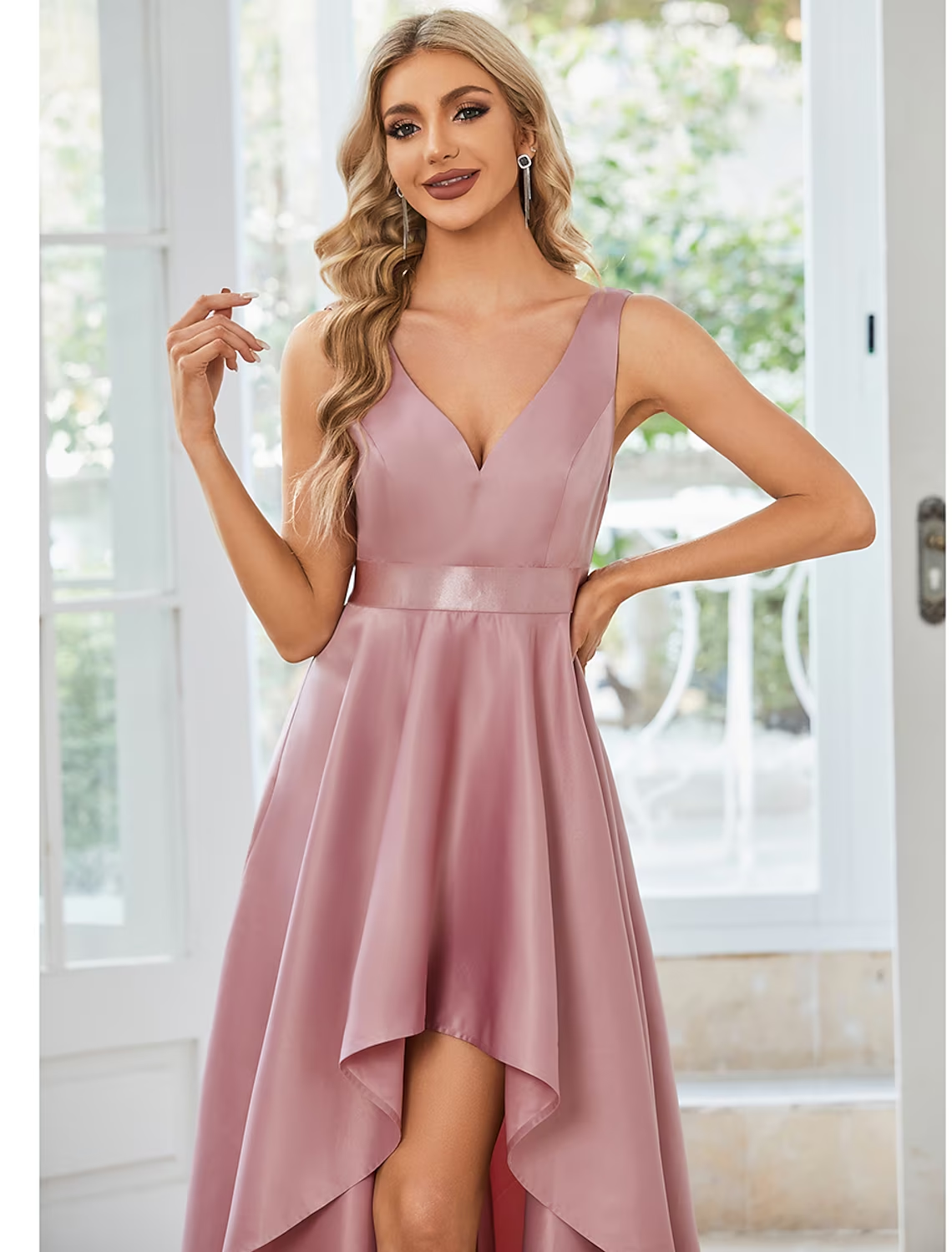 Luolandi A-Line Wedding Guest Dresses Casual Dress Party Wear Asymmetrical Sleeveless V Neck Satin with Ruffles