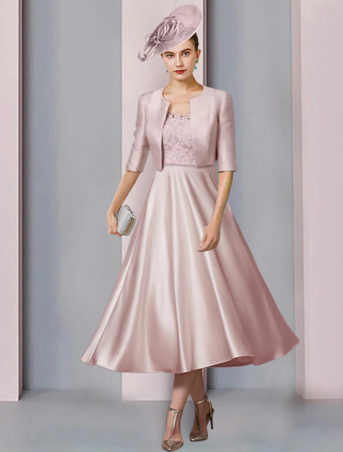 Luolandi Two Piece A-Line Mother of the Bride Dress Wedding Guest Church Party Elegant Scoop Neck Tea Length Satin Lace Half Sleeve