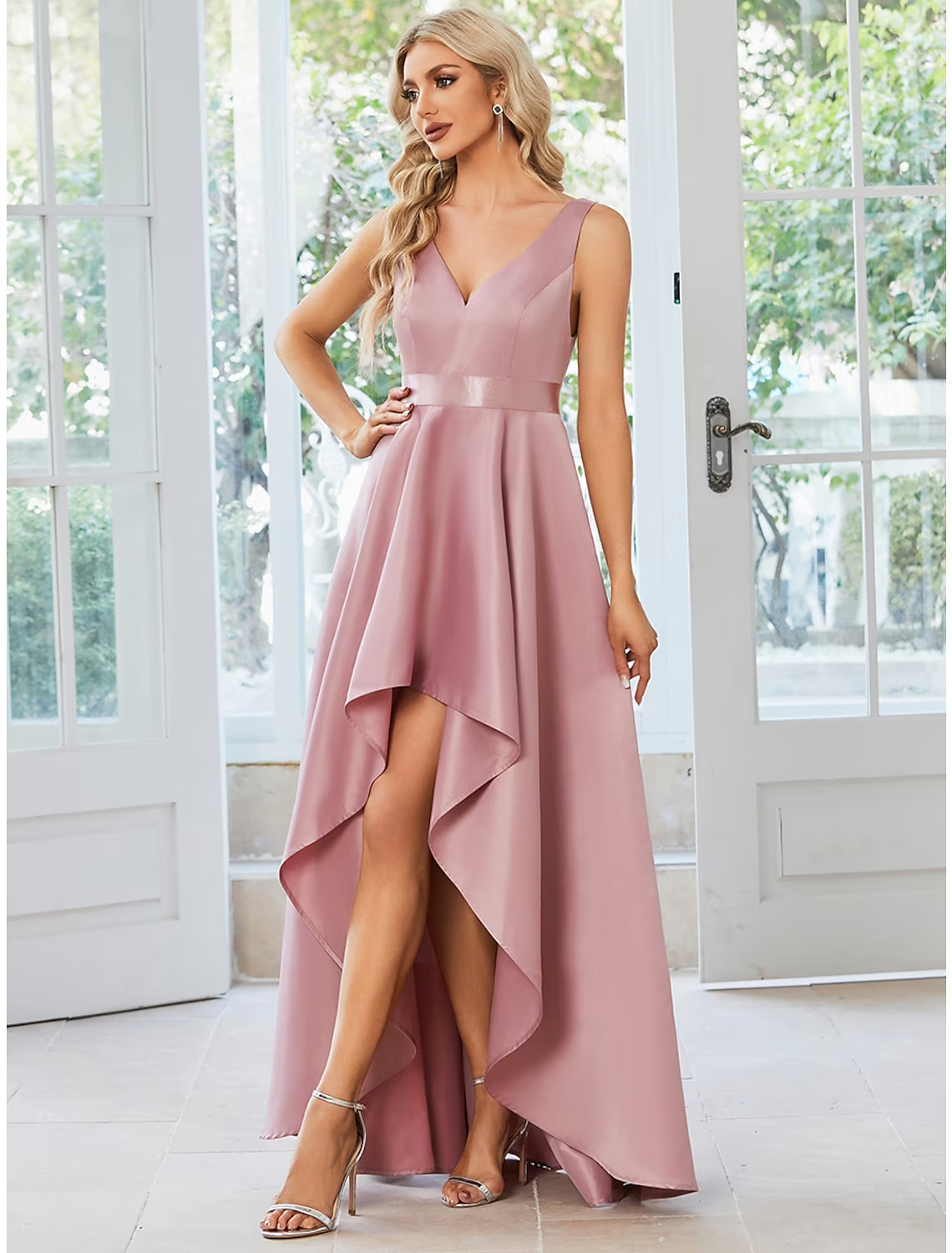 Luolandi A-Line Wedding Guest Dresses Casual Dress Party Wear Asymmetrical Sleeveless V Neck Satin with Ruffles
