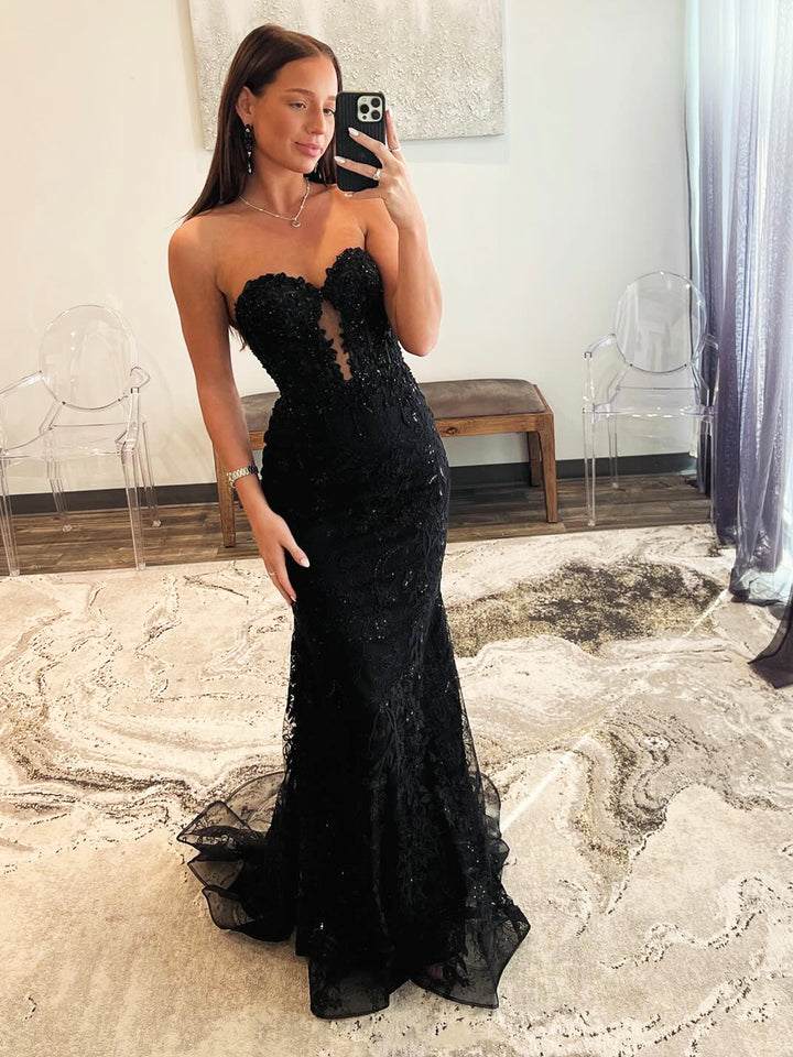Luolandi Black Mermaid Sweetheart Lace Long Prom Dress Strapless Evening Party Dress
