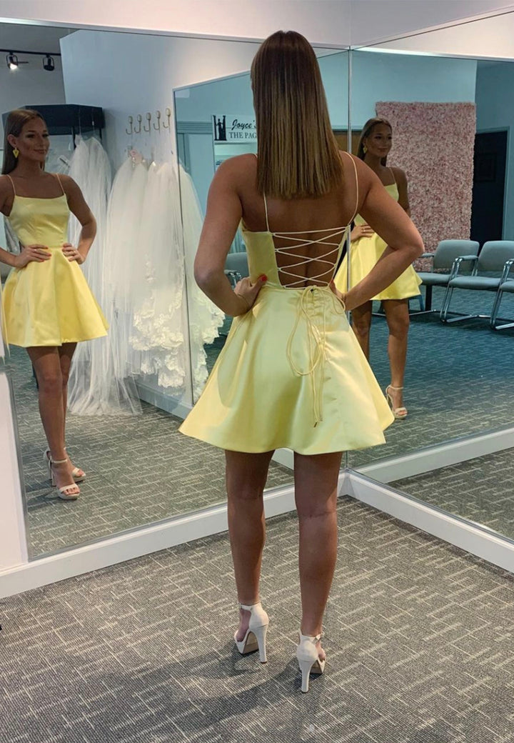 Luolandi Yellow Satin Short Prom Dresses A-Line Homecoming Dresses Sexy