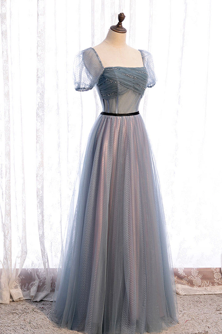 Luolandi Gray Blue Tulle Long A-Line Prom Dress Cute Short Sleeve Evening Dress Beautiful