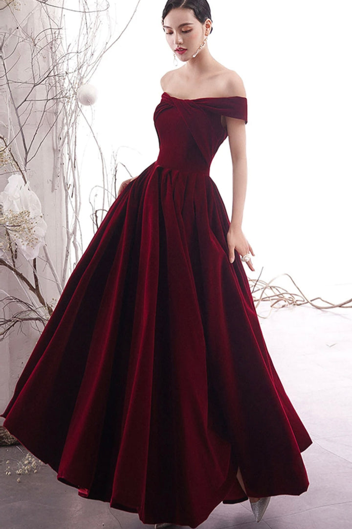 Luolandi Burgundy Velvet Long Prom Dresses Off the Shoulder Evening Dresses Sexy