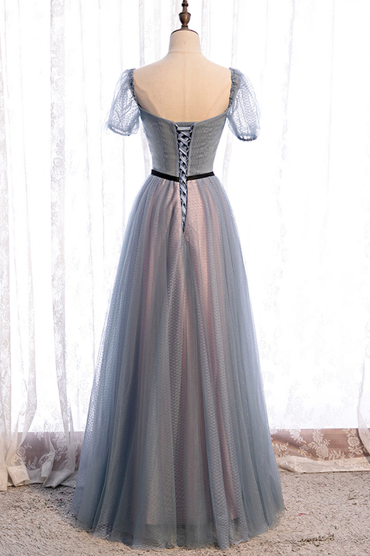 Luolandi Gray Blue Tulle Long A-Line Prom Dress Cute Short Sleeve Evening Dress Beautiful
