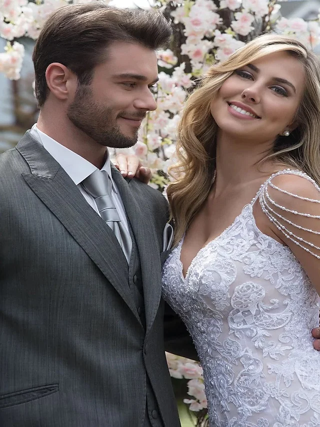 Luolandi Wedding Dresses V Neck Court Train Lace Tulle Lace Over Satin Spaghetti Strap Beautiful Back