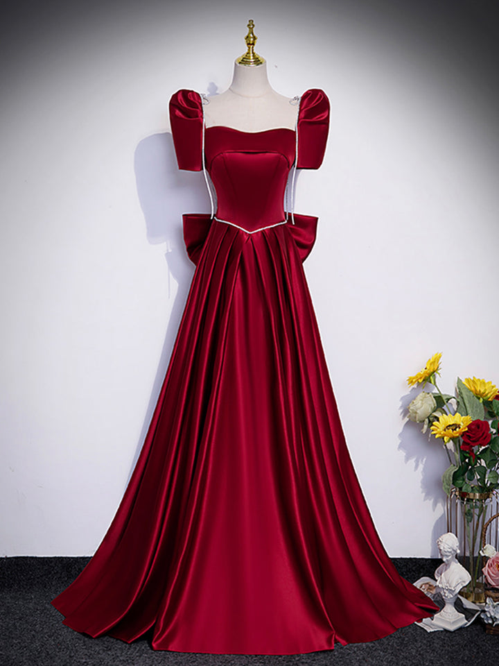 Luolandi Beautiful Satin Floor Length Prom Dress with Bowknot Burgundy Short Sleeve Evening Dress Sexy