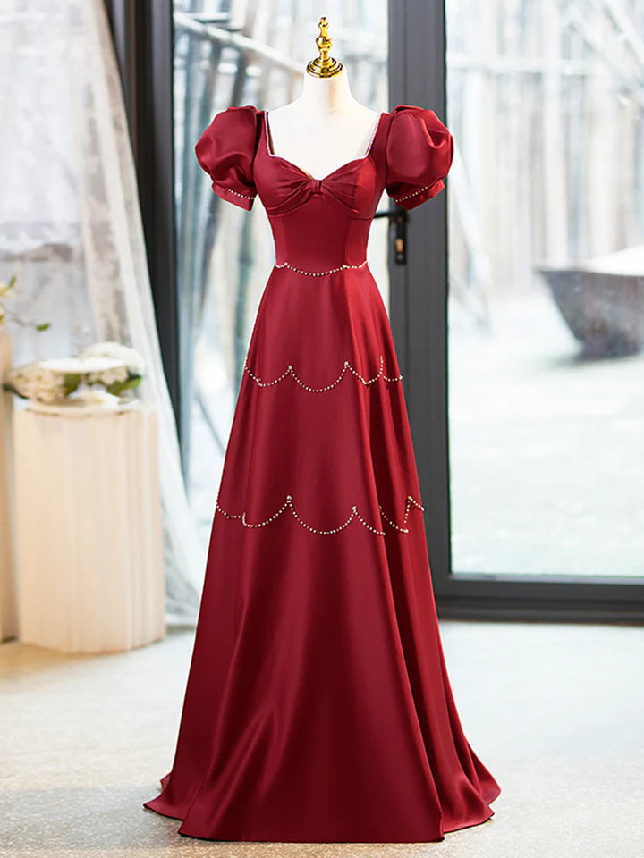 Luolandi Elegant Burgundy Satin Long Prom Dress with Beaded Burgundy Short Sleeve Evening Dress Floor Length