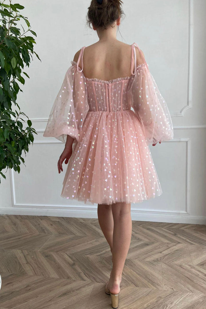 Luolandi Pink Tulle Short Prom Dresses Cute Puff Sleeved Mini Party Dresses Homecoming Dresses