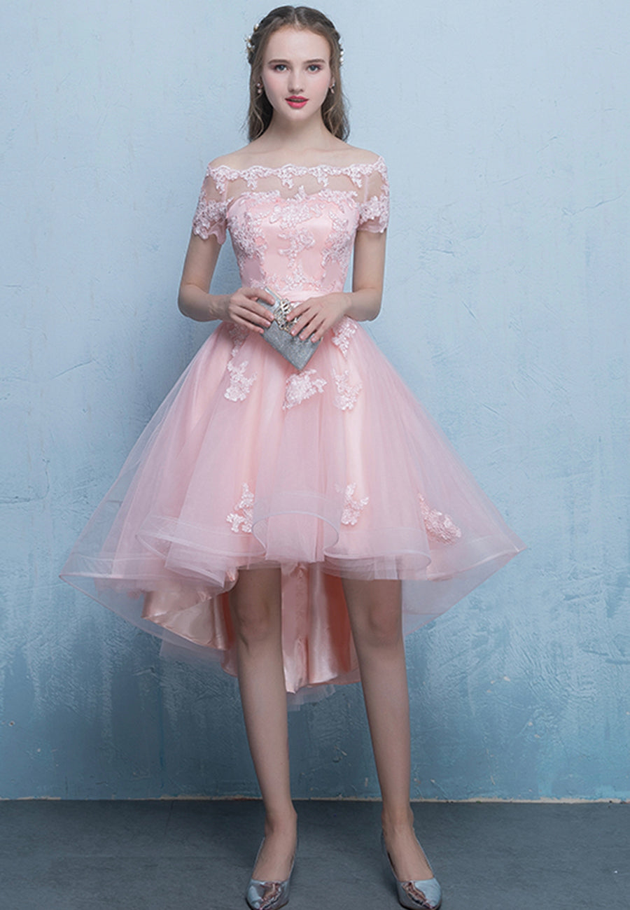 Luolandi Pink Tulle Lace Short Prom Dress High Low Evening Party Dress Beautiful