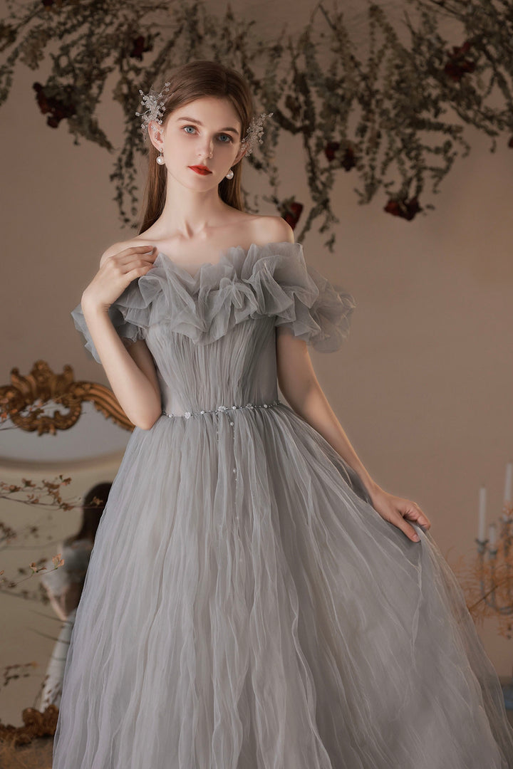 Luolandi Gray Tulle Long Prom Dress A-Line Off the Shoulder Evening Dress Sexy