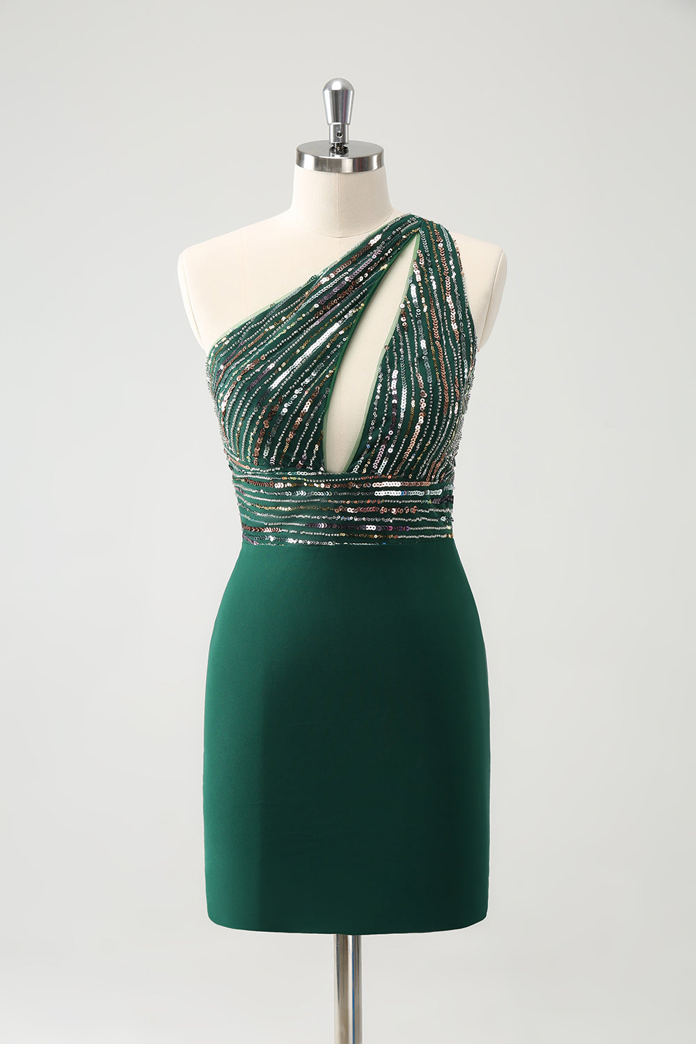 Luolandi Sparkly Dark Green Bodycon One Shoulder Pleated Short Homecoming Dress with Sequins Sexy
