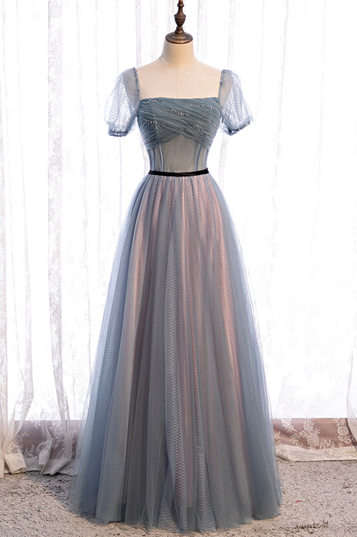 Luolandi Gray Blue Tulle Long A-Line Prom Dress Cute Short Sleeve Evening Dress Beautiful