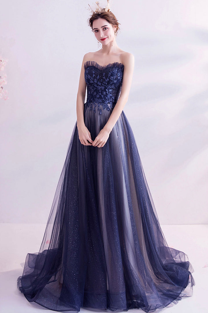 Luolandi Blue Strapless Tulle Long Prom Dresses A-Line Evening Dresses Off Shoulder