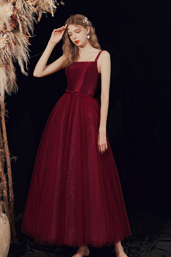 Luolandi Burgundy Tulle Long A-Line Prom Dress A-Line Formal Evening Dress Pure Color