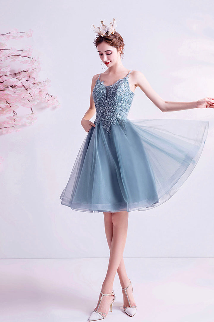 Luolandi Blue V-Neck Lace Short Prom Dress A-Line Evening Party Dress Homecoming Dresses