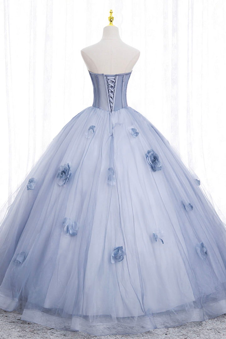 Luolandi Blue Tulle Long Sleeve Prom Dress A-Line Off the Shoulder Evening Gown With Flowers