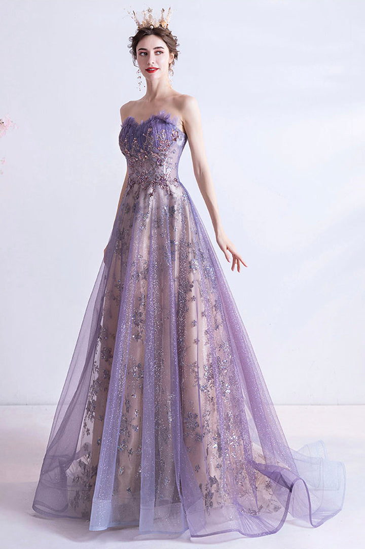 Luolandi Purple Tulle Sequins Long Prom Dresses A-Line Strapless Evening Dresses Without Crown