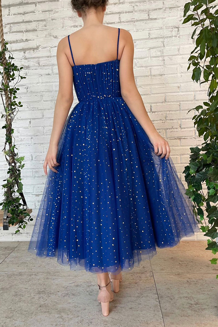 Luolandi Blue Tulle Short Prom Dresses A-Line Spaghetti Strap Evening Dresses Homecoming Dresses