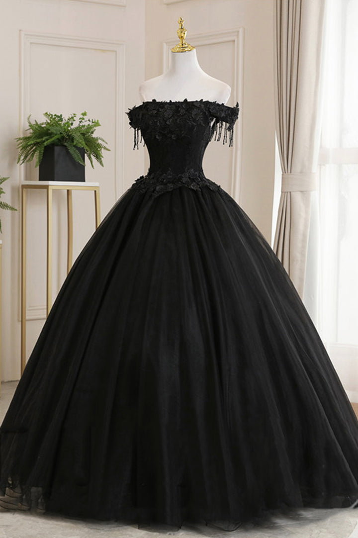 Luolandi Black Tulle Lace Off the Shoulder Prom Dress A-Line Evening Dress