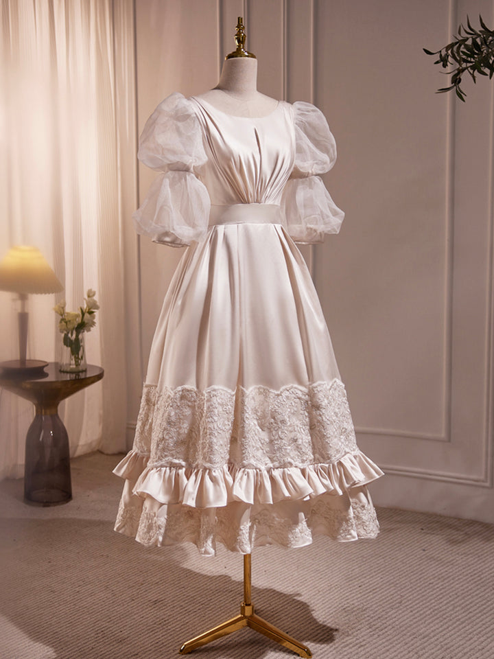 Luolandi Beautiful Scoop Neck Tea Length Prom Dress A-Line Puffy Short Sleeve Backless Party Dress Homecoming Dresses