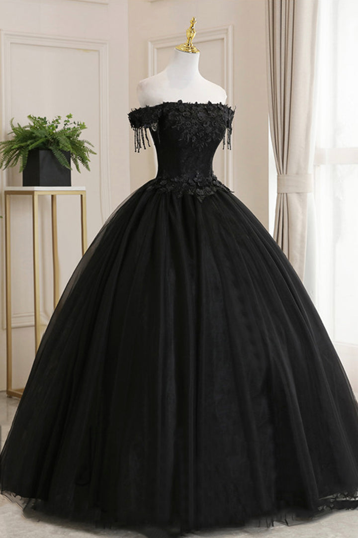 Luolandi Black Tulle Lace Off the Shoulder Prom Dress A-Line Evening Dress