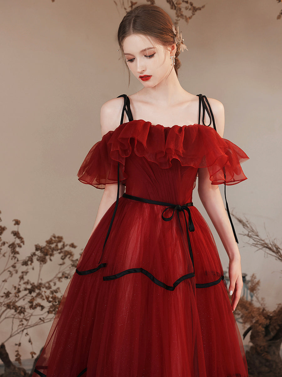Luolandi Burgundy Tulle Long Prom Dresses Off Shoulder Evening Party Dresses