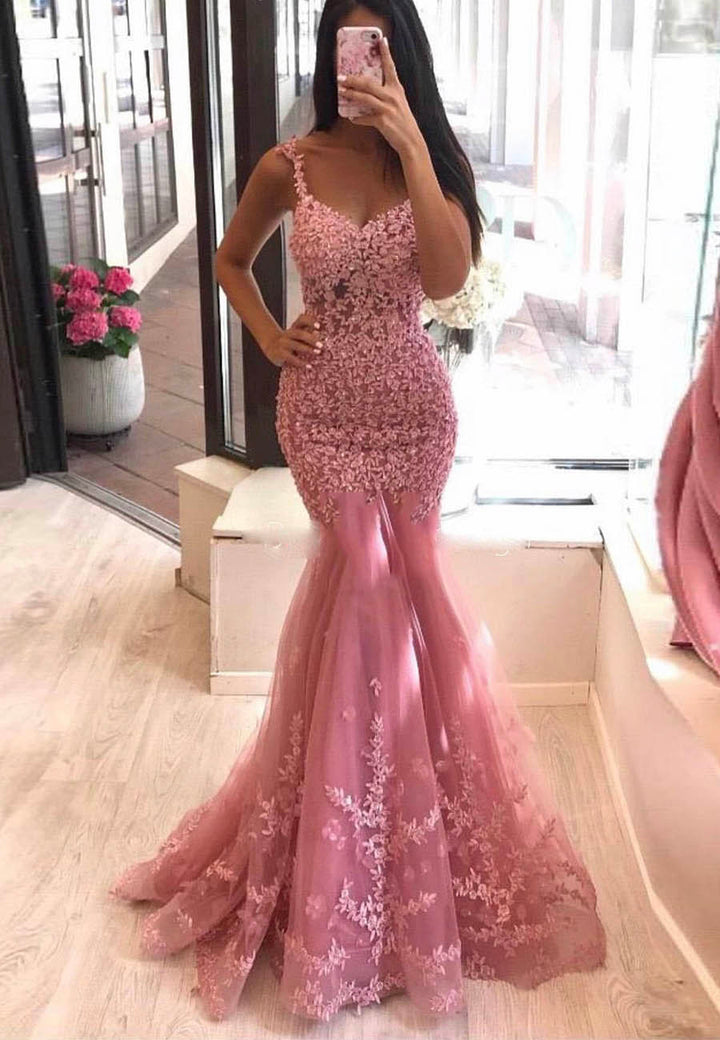 Luolandi Pink Lace Long Prom Dresses Mermaid Evening Dresses Beautiful