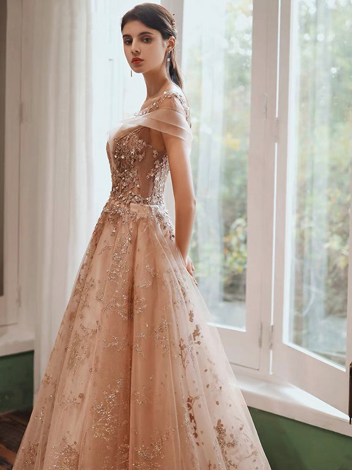 Luolandi Cute Tulle Sequins Long Prom Dresses Beautiful A-Line Evening Dresses Sparkly