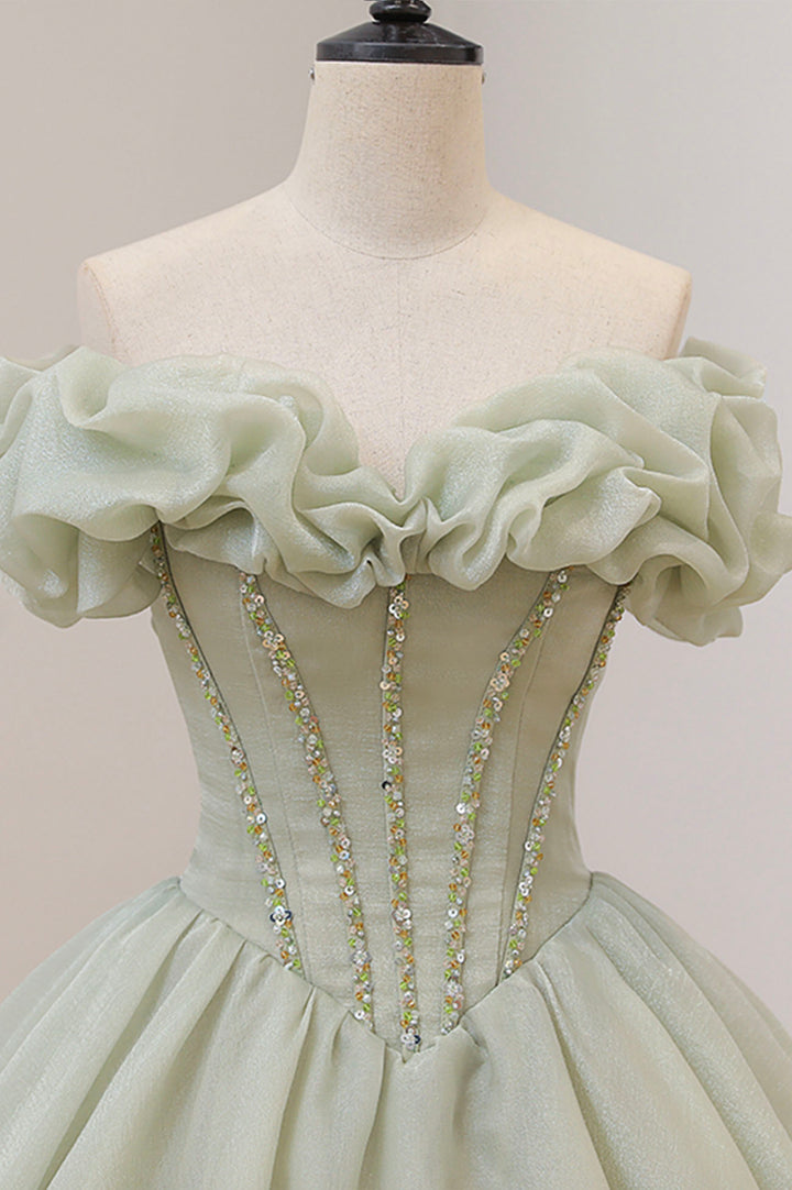 Luolandi Green Ball Gown A-Line Off the Shoulder Evening Gown with Beaded Floor Length