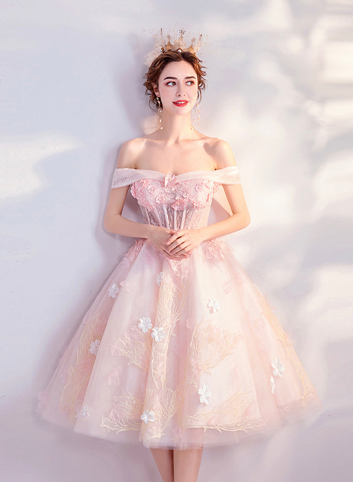 Luolandi Sweet A Line Lace Short Prom Dresses Off the Shoulder Birthday Party Dress Pretty Homecoming Dress With Flowers