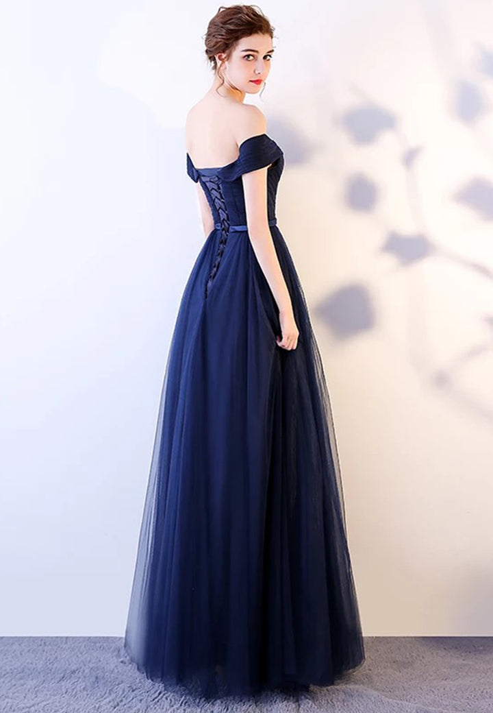 Luolandi Blue Tulle Long Prom Dresses A-Line Evening Dresses Off Shoulder Floor Length