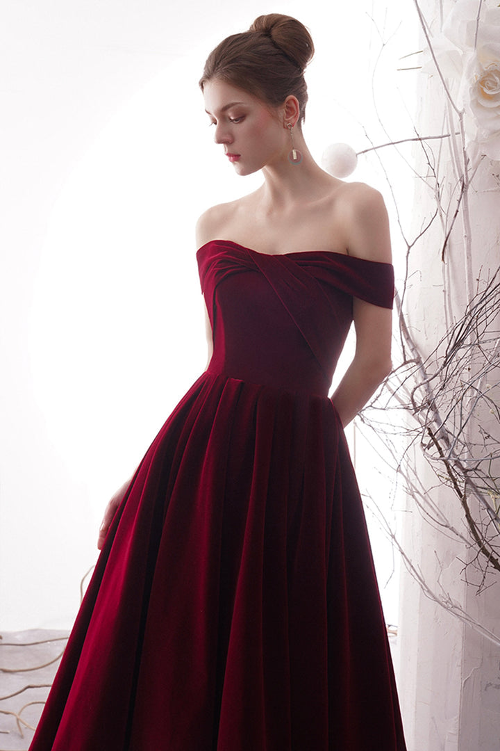 Luolandi Burgundy Velvet Long Prom Dresses Off the Shoulder Evening Dresses Sexy