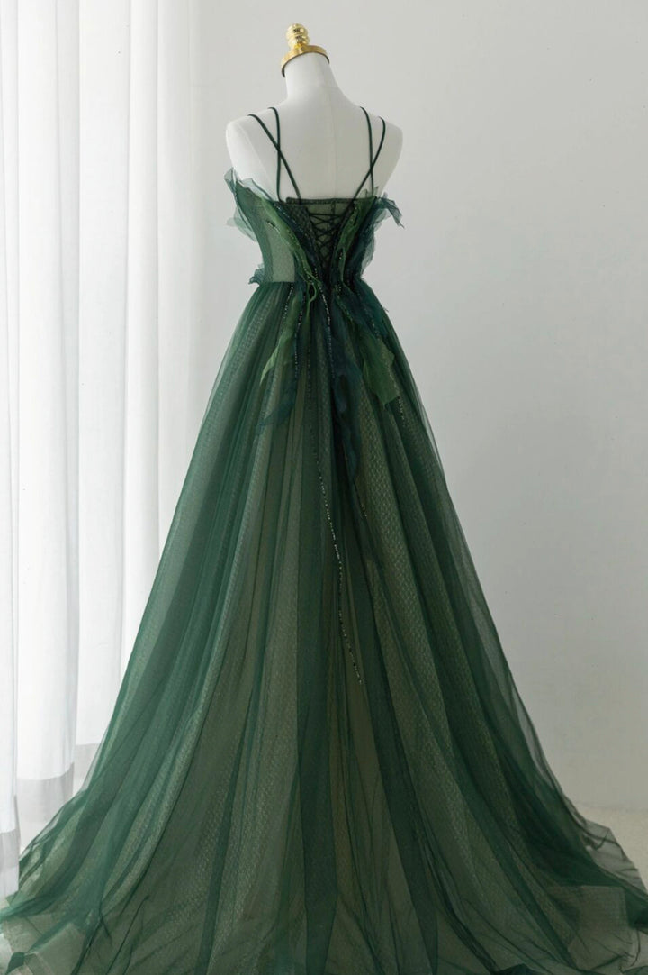 Luolandi Green Tulle Long A-Line Prom Dress Formal Evening Dress Sexy